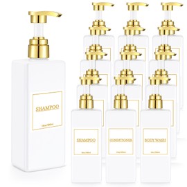 Gejoy Set of 12 Shampoo and Conditioner Dispenser Bottles Modern 17 oz Shower Soap Bottles with Pump, Labels and Marker Easy to Refill Body Wash Dispensers for an Instant Bathroom (White)