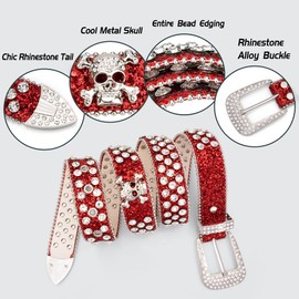 macoking Red Rhinestone Belt Women Western Bling Studded Belt for Cowboy Cowgirl L