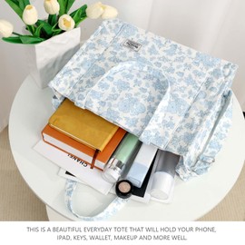 BINSUNS Corduroy Tote Bag for Women - Large Satchel Bag Tote Bag Aesthetic Crossbody Bag Handbag - School Work Travel Shopping Beach(Large-Blue Flower)