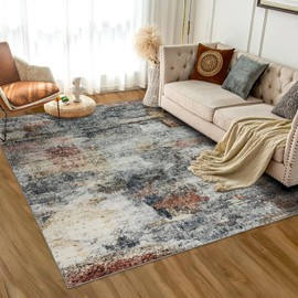 Ruicharm Area Rugs 5x7 Washable: Machine Washable Rugs Carpet for Living Room Bedroom Aesthetic - Low Pile Non Slip Rug - Modern Abstract Soft Rug for Dining Room Table - Red Rust Grey