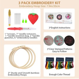 Embroidery Kits for Beginners/Adults, Includes Craft Stamps with Colorful Floral Patterns, Include Embroidery Hoops, Scissor, Colored Thread and Needle