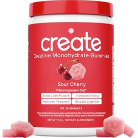 Create Creatine Monohydrate Gummies for Men & Women, Boost Focus, Strength, and Endurance, Anti-Melting Formula, Vegan, Gluten-Free, Non-GMO, 1.5g of Creatine per Gummy (Sour Cherry)