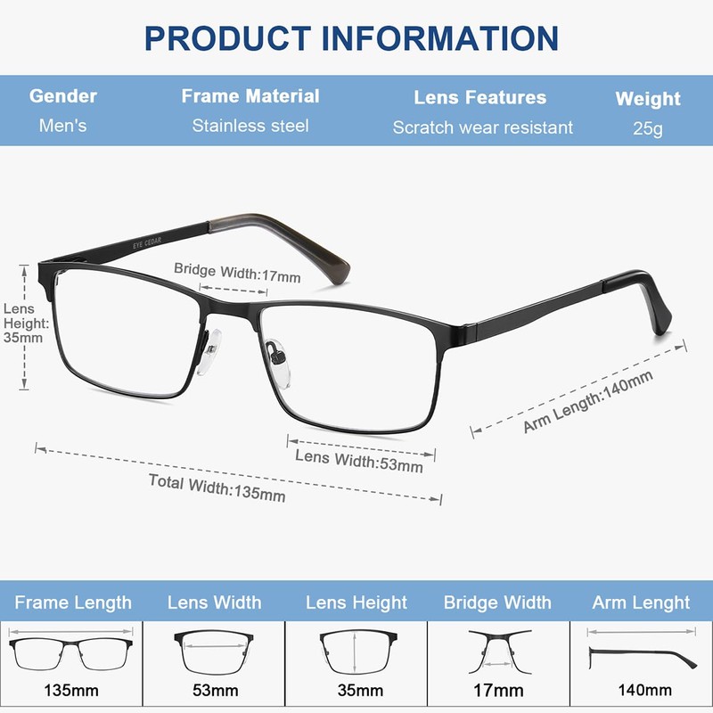 5-Pack Reading Glasses Men Metal Frame Spring Hinges with Computer
