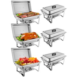 6 Pack 8QT Chafing Dish Buffet Set Stainless Steel Food Warmer Chafer Complete Set With Water Pan, Chafing Fuel Holder for Party Catering