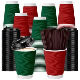 150 Set 12 oz Disposable Coffee Cups with Lids and Straw To-go Hot Paper Coffee Cup Multicolor Insulated Corrugated Ripple Paper Cups for Home Restaurant Mardi Gras(Xmas Red, Green)