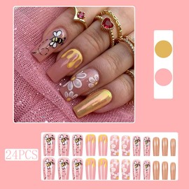 Medium Square French Tip Acrylic Press on Nails Pink Full Cover Stick on Nails Flower Fake Nails with Bees Design Cute False Nails Reusable Artificial Glue on Nails for Women Girls 24Pcs