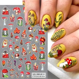 6 Sheets Fall Nail Art Stickers 3D Maple Leaf Nail Decals Autumn Gold Yellow Leaves Mushroom Squirrel Self-Adhesive Nail Designs Thanksgiving Nail Stickers for Women Girls Acrylic Manicure DIY Decor