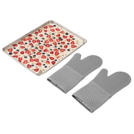 Restaurantware-Comfy Grip 14 x 7.3 Inch Thick Baking Mitts, 1 Food-Grade Cooking Glove Set - 2-Piece Set, Heat-Resistant, Gray Silicone Oven Mitts, Honeycomb Texture, with Soft Cotton Lining