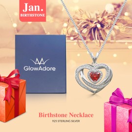 GlowAdore S925 Sterling Silver Birthstone Necklace - Silver Heart Necklace for Valentines Day Mothers Days Gifts - jewellery Gifts for Women Mother Wife Girlfriend - With Gift Box (January Garnet)