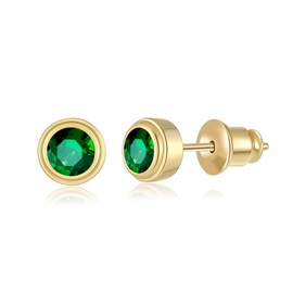 E Stud Earrings for Women, 14k Gold Plated 925 Sterling Silver Posts Hypoallergenic Ear Studs, Small Stacked Earring, Cubic Zirconia Flat Back Earrings, Women'S CZ Round Cartilage Earrings (Green)