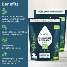 Puracy Dishwasher Pods Detergent 50 Count (2 Pack), Natural Dishwasher Detergent, Free & Clear Dish Tabs, Tiktok Trend Items, Enzyme-Powered, Spot & Residue-Free, Must Haves from Tiktok Made Me Buy It