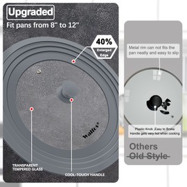 Universal Lid for Pots, Pans and Skillets - Walfos Tempered Glass Pan Lid with Heat Resistant Silicone Rim, BPA Free Large Pot Lids Fits 8" to 12" Diameter Cookware, Dishwasher-Safe, Grey