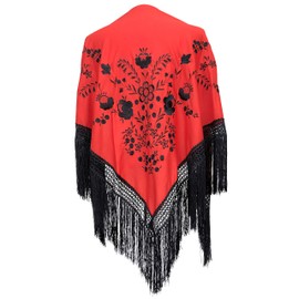 La Senorita Spanish Manton Scarf Embroidered Flamenco Scarves for Fairs, Sevillana or Flamenco Dress [160 x 80 cm] Ideal Size for All Ages [Girls & Women], darkred
