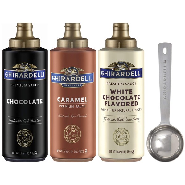 Ghirardelli - 16 oz Chocolate, 16 oz White Chocolate Flavored, 17 oz Caramel Sauce Squeeze Bottle - Set of 3 - with Limited Edition Measuring Spoon