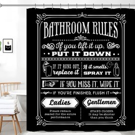 Funny Quotes Shower Curtains, Cool Bathroom Rules Shower Curtain, Fun 72 x 72 Inch Black and White Fable Motto Waterproof Shower Curtains with Metal Hooks for Bathroom Decor