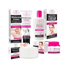 Set 4 Cremas Aclarantes, Jabn, Cremas para Cara, Cuerpo y Zonas Sensibles, Antimanchas, Hidratante, Iluminador de Piel, Elimina Melanina, Uso Diario  