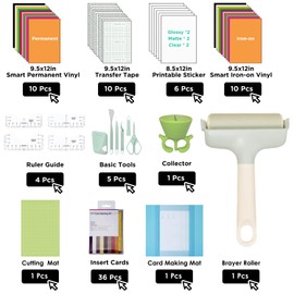 All-in-One Accessories Bundle for Cricut Joy Xtra Bundle with 9.5 * 12in Cutting Mat, Smart Vinyl & Iron-on Vinyl, Printable Sticker, Transfer Tape, Card Mat, Weeding Tools Set, T-Shirt Ruler Guide