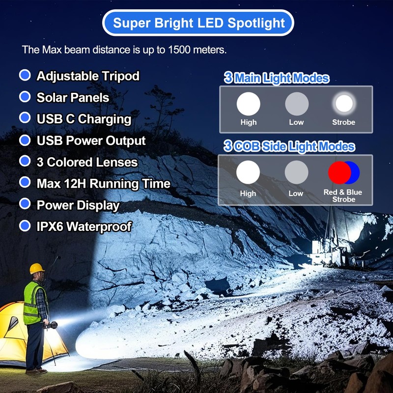 Peascat Rechargeable Spotlight Flashlight Handheld 3,000,000L, 6 Modes Super Bright