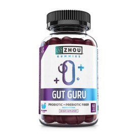 Zhou Gut Guru - Gut Health Gummies for Men and Women, Prebiotic and Probiotic Fiber Supplement for Digestion and Gut Health - 60 Vegan Gummies