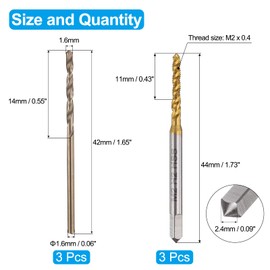 QUARKZMAN Tap and Drill Set, 3 Pieces M2 x 0.4 Metric Spiral Flute Thread Screw Taps & 3 Pieces 1.6 mm Twist Bits, Titanium Coated/Roasted Yellow HSS 6542/M35 HSS CO Tapping Threading Tool