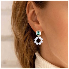 Yheakne Vintage Pearl Hoop Dangle Earrings Emerald Green Stud Earrings Square Emerald Earrings Pearl Wedding Earrings Jewelry for Women and Girls