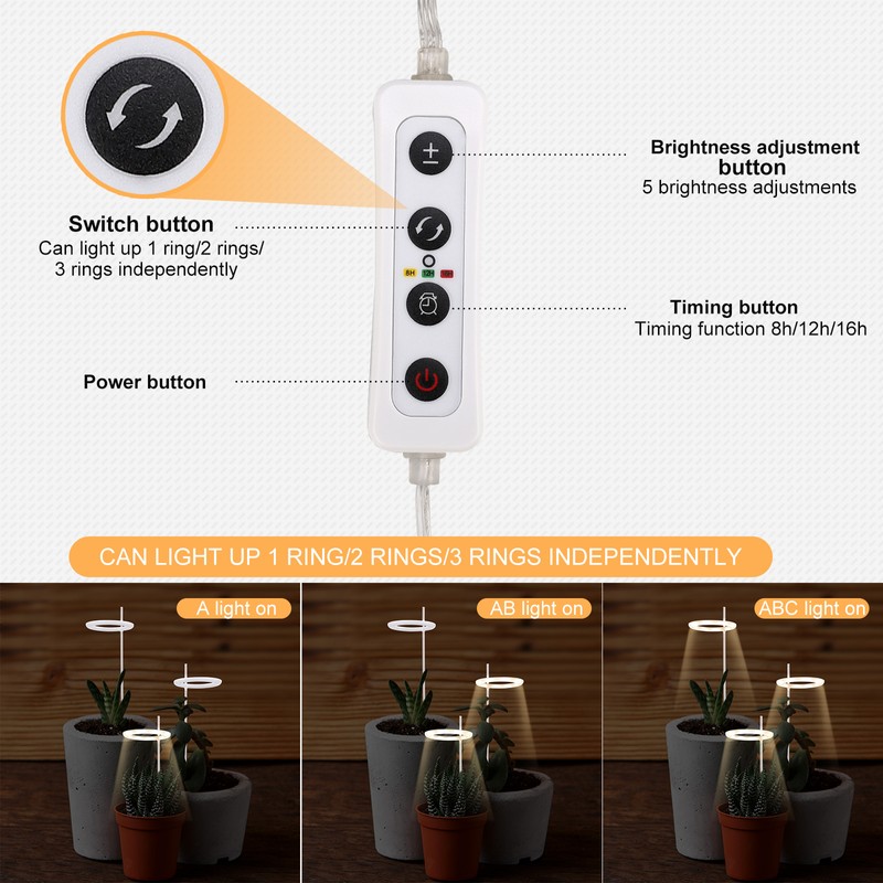 Plant Grow Light 3.3in Diameter 3 Heads Easy Operation Brightness