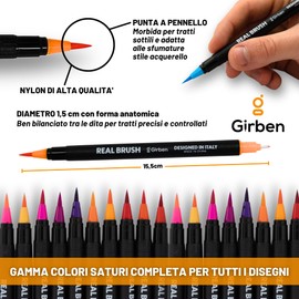 Girben Real Brush Pen Set for Drawing and Lettering - 30 Watercolour Pencils with Double Tip (1 Soft and 1 Fine and Hard 0.5 mm) and 1 Water Pen for Watercolours