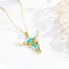 Midir&Etain Cow Skull Necklace 925 Sterling Silver 14K Gold Plated Cactus Turquoise Pendant Cowgirl Country Necklace Western Jewelry Gifts for Women Cowgirl