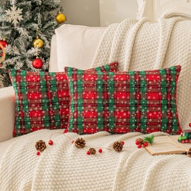 Pack of 2 Christmas Plaid Decorative Throw Pillow Covers Snowflake Tartan Scottish Cushion Cover for Sofa Couch Farmhouse Holiday Decor Red and Green, 12x20 Inch
