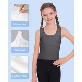 SALIA GIRL Training Starter Bras for Kids 7-12 Seamless Bras Tank Sports Bra 8-10 No Pads, Double Layer on Chest, Large Dark Gray/White