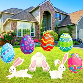 8 Pieces Easter Decorations Egg Bunny Easter Outdoor Decor Rabbits Waterproof Easter Yard Stakes Outdoor Easter Yard Sign Happy Easter Hunt Signs for Easter Yard Lawn Party Decorations