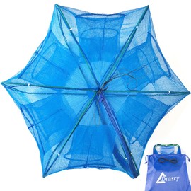 Drasry Black Fishing Bait Trap Foldable Fish Net for Minnow Crab Crayfish Crawdad Shrimp Trap Cast Net Dip Cage Collapsible Easy Use 4 6 Hole Fishing Accessories (Blue-12 Holes)