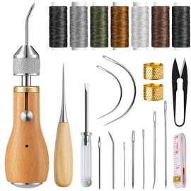 Sinofort 21 Pcs Leather Sewing Awl Kit, Leather Repair Kit Including Professional Stitcher Sewing Awl, Thread, Needles, Thimble and Tape Measure, for Sofas Purses Handbags Shoes DIY Craft Projects
