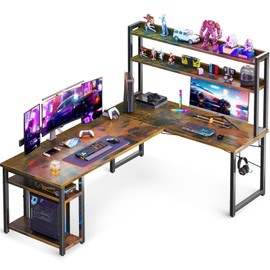 ODK L Shaped Gaming Desk with Hutch, Computer Desk with Storage Shelves, 66" L Shaped Desk for Home Office, Corner Desk with Headphone Hook, Vintage