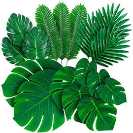 Decopom Hojas de palma artificiales tropicales, 84 unidades, 6 tipos, hojas de palma falsas verdes grandes con tallos para safari, selva, hawaiano, luau, fiesta, decoración de mesa, boda, cumpleaños, fiesta temática