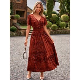 Simplee Womens Fall Velvet Dress - Short Sleeve V Neck Floral Maxi Dress Long Formal Winter Wedding Guest Dresses Reddish Orange L