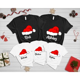 Santa Hat Custom Matching Family Christmas Shirts, Match The Fam Name Shirts, Xmas Gifts Whole Group, Holiday Party Shirt, Office Party Costumes
