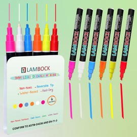 LAMBOCK Liquid Chalk Markers-For Dry Erase Fridge Calendars, Windows, Glass, Mirrors - Reversible Tip Chalkboard Markers (3mm)-Erasable, Non-Toxic, Water-Based, For Non-Porous Surfaces-6 PCS