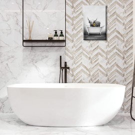 Black and White Canvas Wall Art Funny Animal for Bathroom Kitchen Bedroom Highland Cow with Yellow Sunflower in Bathtub Giclee Print Picture Painting Stretched on Canvas Framed Artwork 8x12inch