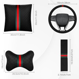 7PCS Steering Wheel Cover Set for Women, Car Accessories with Car Neck Pillows Lumbar Support Pillow and Seat Belt Covers, Universal Fit 14-15.5 inches (Black)