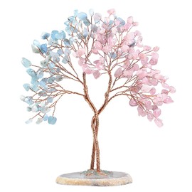TUMBEELLUWA Rose Quartz+Aquamarine Crystal Stone Money Tree with Agate Slice Base Handmade Feng Shui Bonsai Tree Decoration Love Stone Tree Ornament for Fortune and Wealth
