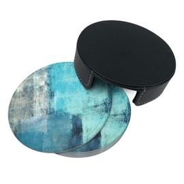 Vibiliyou Set of 6 Round Leather Coasters for Drinks,Featuring a Turquoise and Grey Artwork Pattern,Measuring 4"in Diameter,Including a Holder Ideal for Home Kitchen Decor,Housewarming Gifts