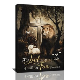 Shuweienphant Lion lamb Wall Art Cross Lion of Judah Pictures Wall Decor Christian Bible verse Canvas Painting Print Artwork Modern Home Decor Framed for Living room Bedroom Bathroom 16''X24''