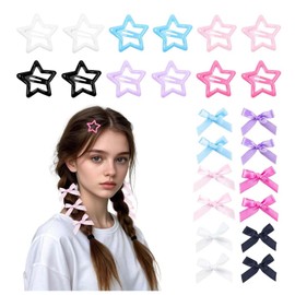 Krijuess 12 Pcs Mini Bow Hair Clips and 12 Pcs Star Hair Clips, Y2k Hair Accessories, Non-Slip Metal Snap Hair Clips, Coquette Hair Accessories for Women Girls