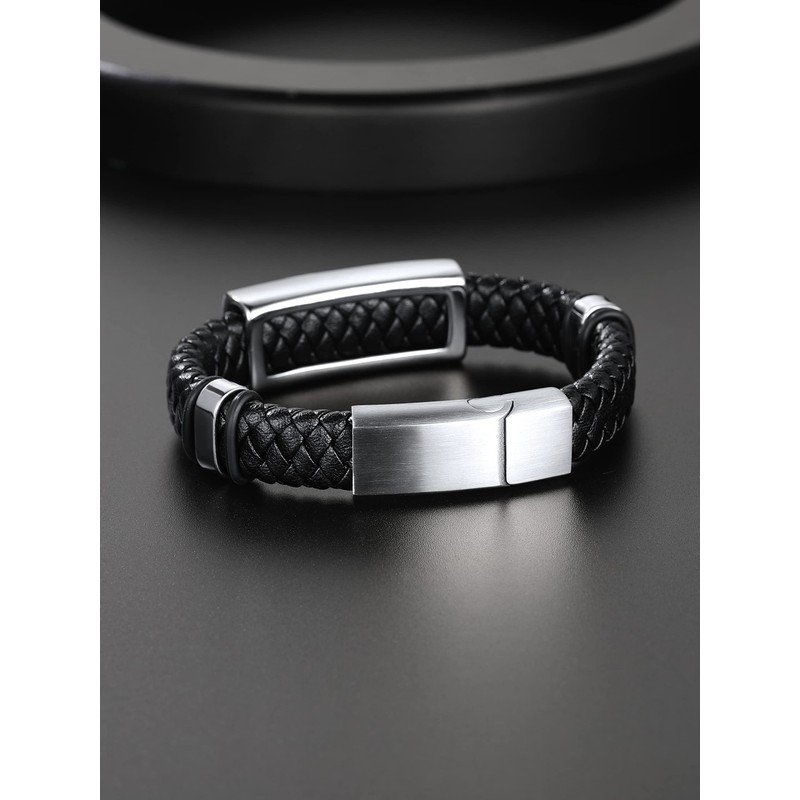 Mens Stainless Steel Star of David Leather Bracelet Cuff Bangle