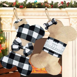 Senneny 2 Pack Pet Dog Christmas Stockings Buffalo Black White Plaid Burlap Large Bone Shape Hanging Christmas Stocking for Dogs Pets (White and Black)