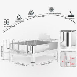 Ewaiira Dish Drying Rack, 304 Stainless Steel Dish Racks for Kitchen Counter, Dish Drainers with Automatic Drainage, Utensil Holder & Cups Holder, Space Saving Kitchen Organizer, White