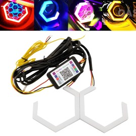 Qasim 80MM Hexagon Angel Eyes RGB APP Control Retrofit Car Motorcycle Light Decoration Driving Day Signal Light Streamer Amber Turn Signal Light 12V 24V 80MM, 2 Pack