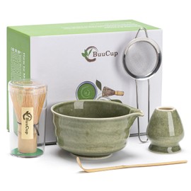 Buucup Matcha Whisk Set, Matcha Bowl with Spout, Matcha Whisk and Holder, Bamboo Matcha Scoop and Stainless Sifter - 5 Pcs Jade Green Matcha Kit for Matcha Lover