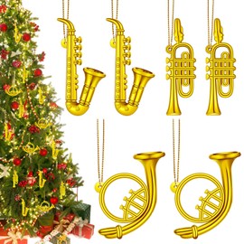 6 Pieces Musical Instruments Ornaments Christmas Musical Decoration Gold Instrument Saxophone Ornaments Horn Ornament Gold Trumpet with Gold Ropes Brass Musical Ornaments for Christmas Tree Decor